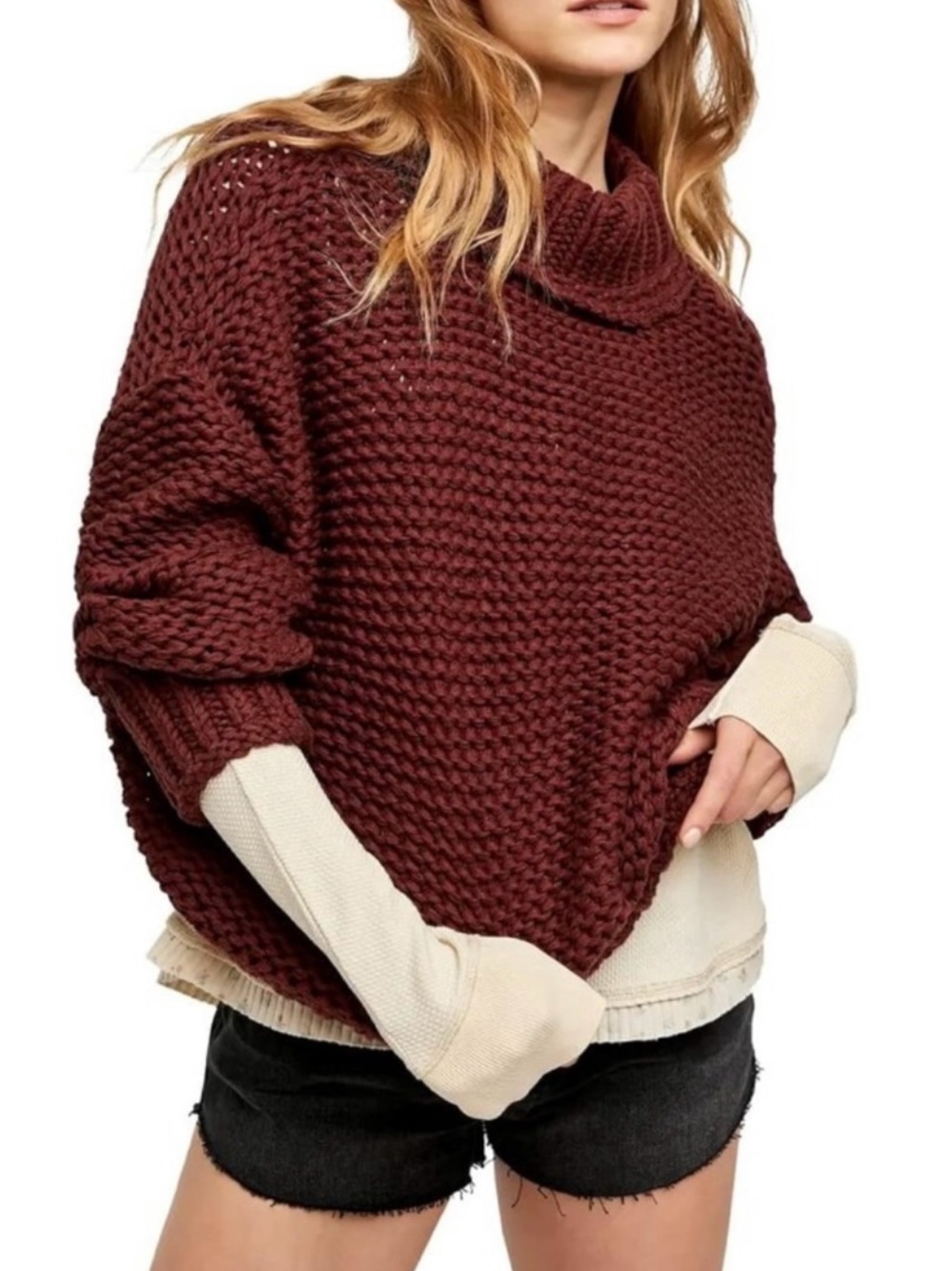 NWT Free People My Only Sunshine Knit Sweater in Chocolate Merlot Sz L